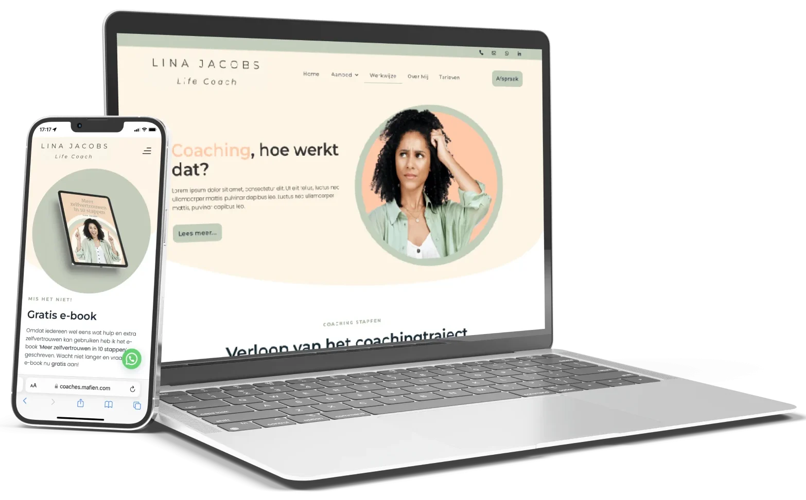 Voorbeelden van door MaFien gemaakte betaalbare website templates voor coaches en therapeuten