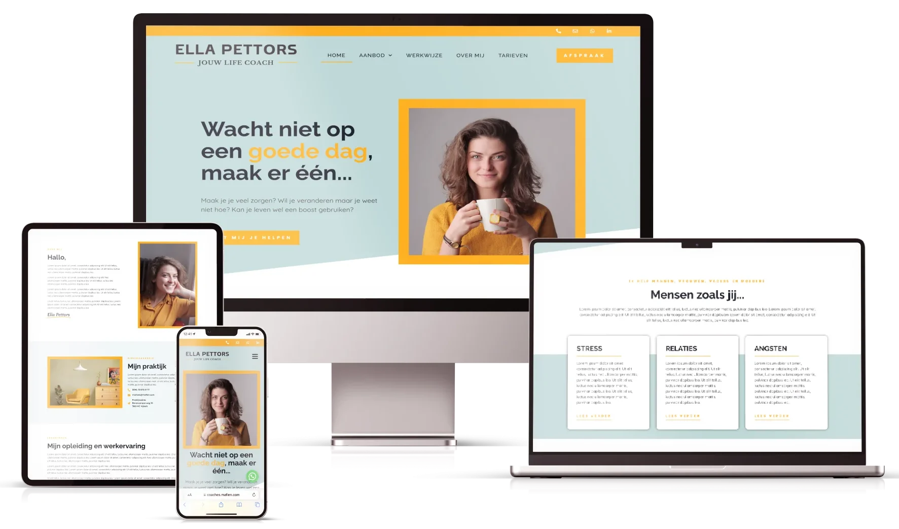 Voorbeelden van door MaFien gemaakte betaalbare website templates voor coaches en therapeuten